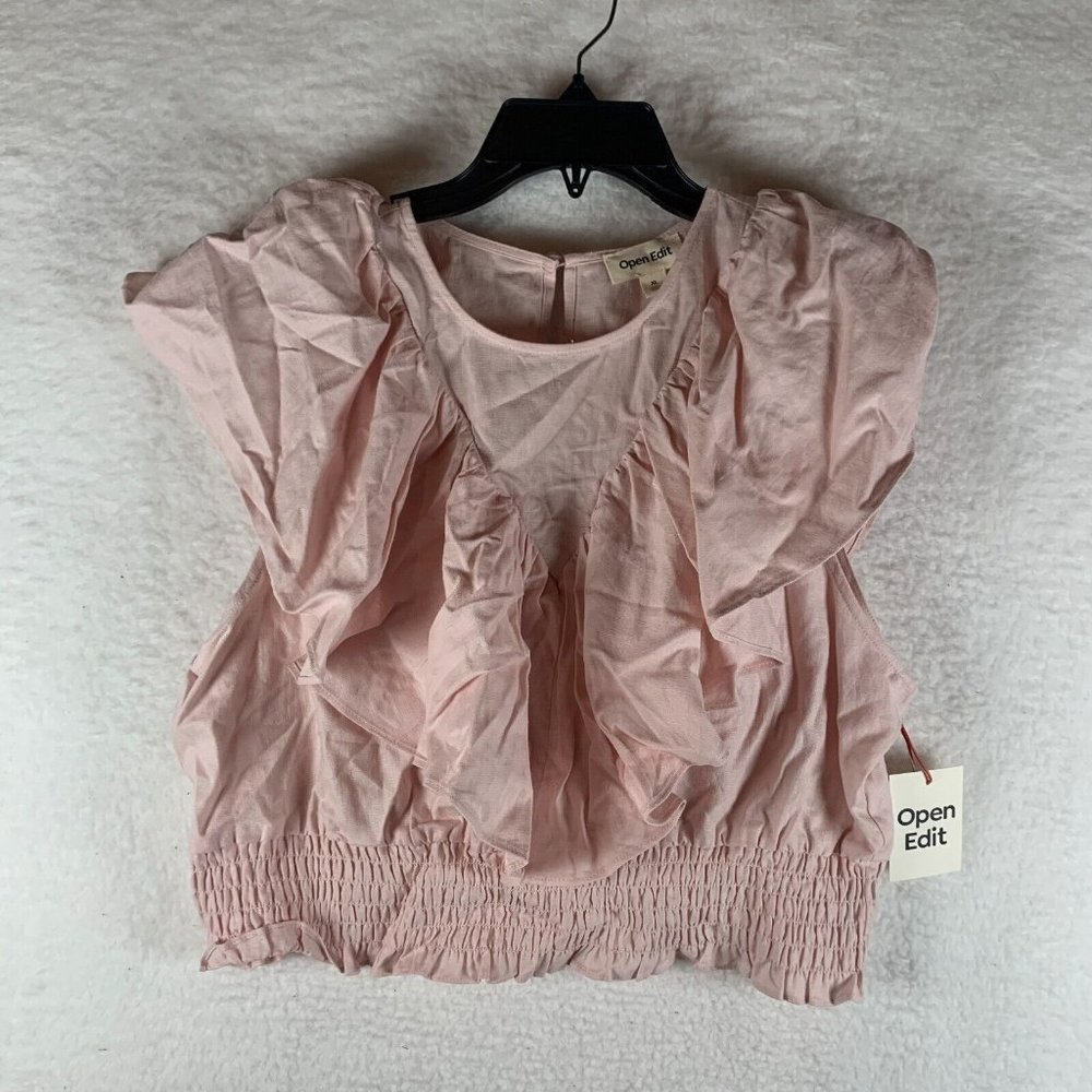 Open Edit Crop Top Womens XL Pink Sleeveless Ruffle Crew Neck Linen Ruched 6387